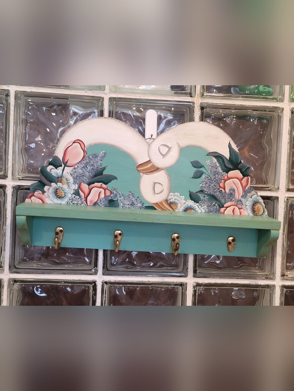 Vintage Hand Painted Wood Swan Wall Shelf Coat Rack Hanger Floral Cottagecore
